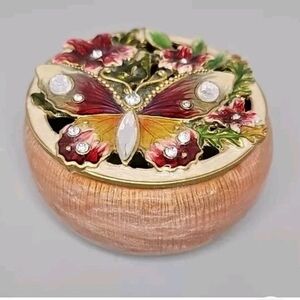 Butterfly Floral Trinket Box Gold Enamel Crystal Magnet 3" Jewelry Holder EUC